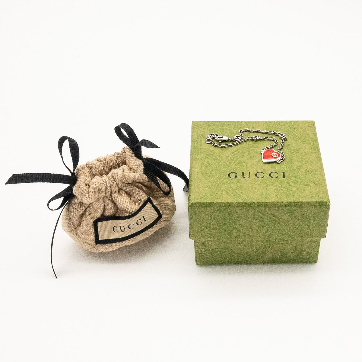GUCCI 925 Sterling Silver Rolo Chain Bracelet w/ Red Enamel Heart