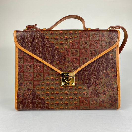 Escada Vintage Patterned Canvas Leather Trim Shoulder Bag