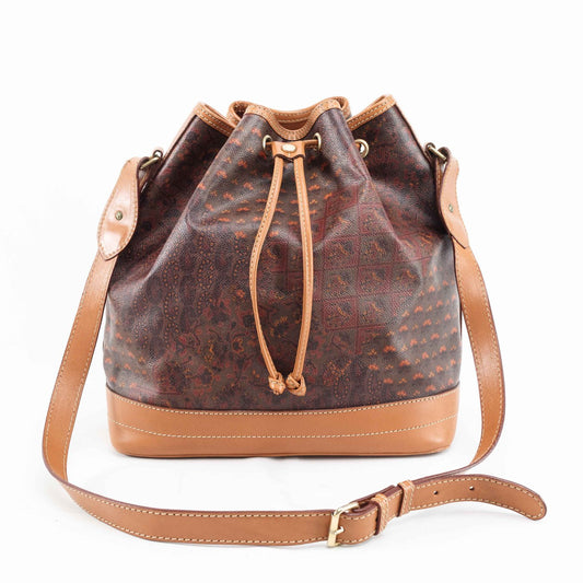 Escada Paisley Coated Canvas & Leather Drawstring Bucket Bag