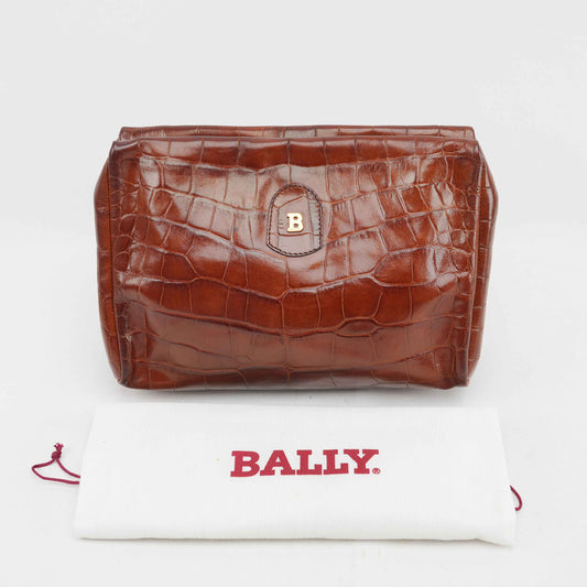 Bally Vintage Crocodile-Embossed Leather Clutch Bag – Brown – Made in Italy