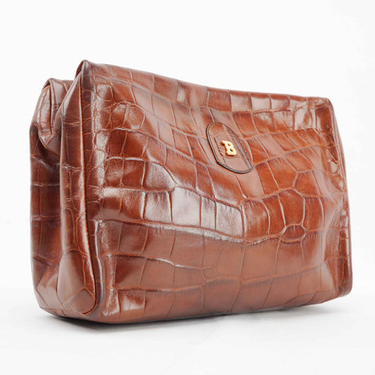 Bally Vintage Crocodile-Embossed Leather Clutch Bag – Brown – Made in Italy