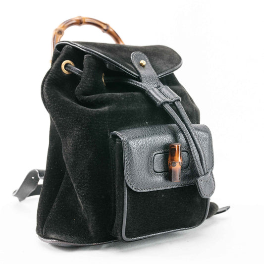 Gucci Black Suede Bamboo Handle Backpack