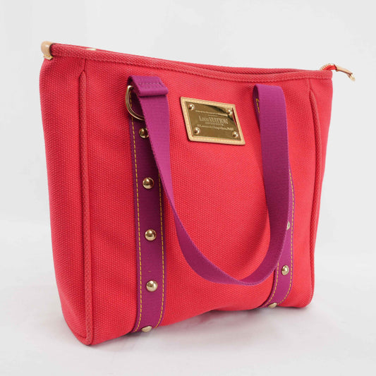 Louis Vuitton Antigua Cabas MM Tote Bag – Red Canvas with Fuchsia Straps
