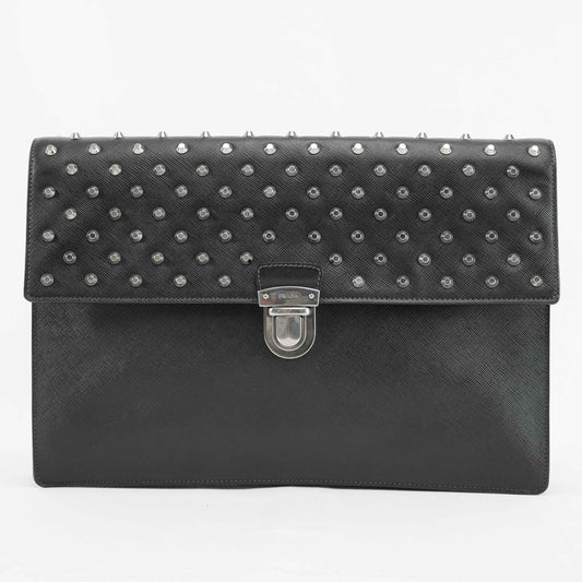 Prada Black Studded Saffiano Leather Clutch Bag