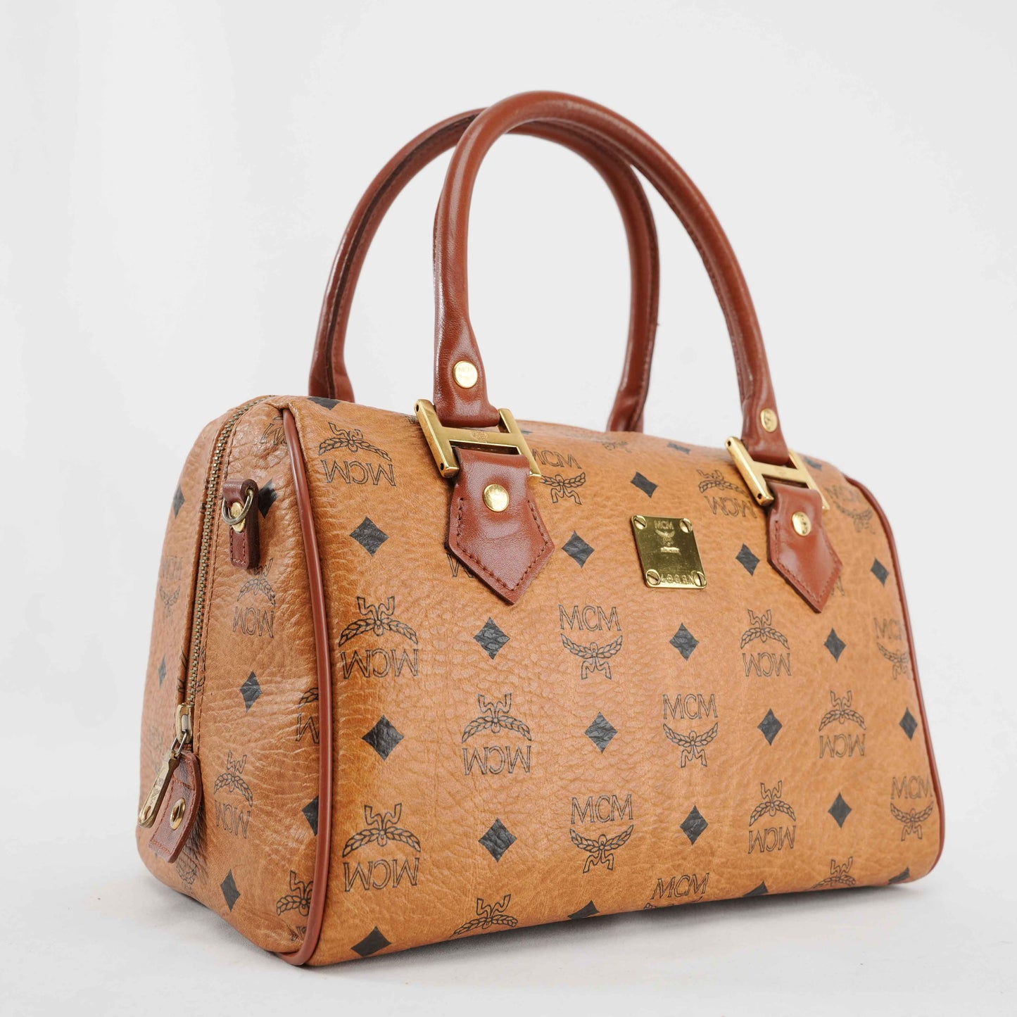 Authentic MCM Visetos Cognac Boston Satchel Bag with shoulder strap