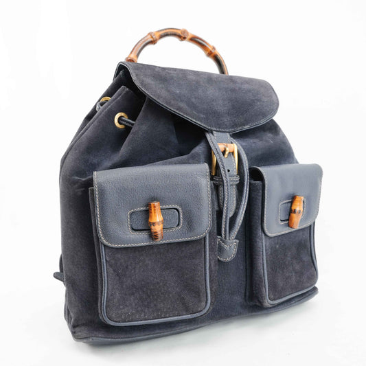 Gucci Vintage Bamboo/Leather & Suede Backpack in Navy Blue