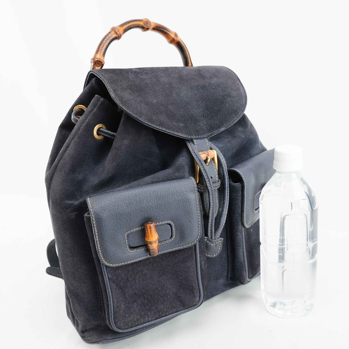 Gucci Vintage Bamboo/Leather & Suede Backpack in Navy Blue