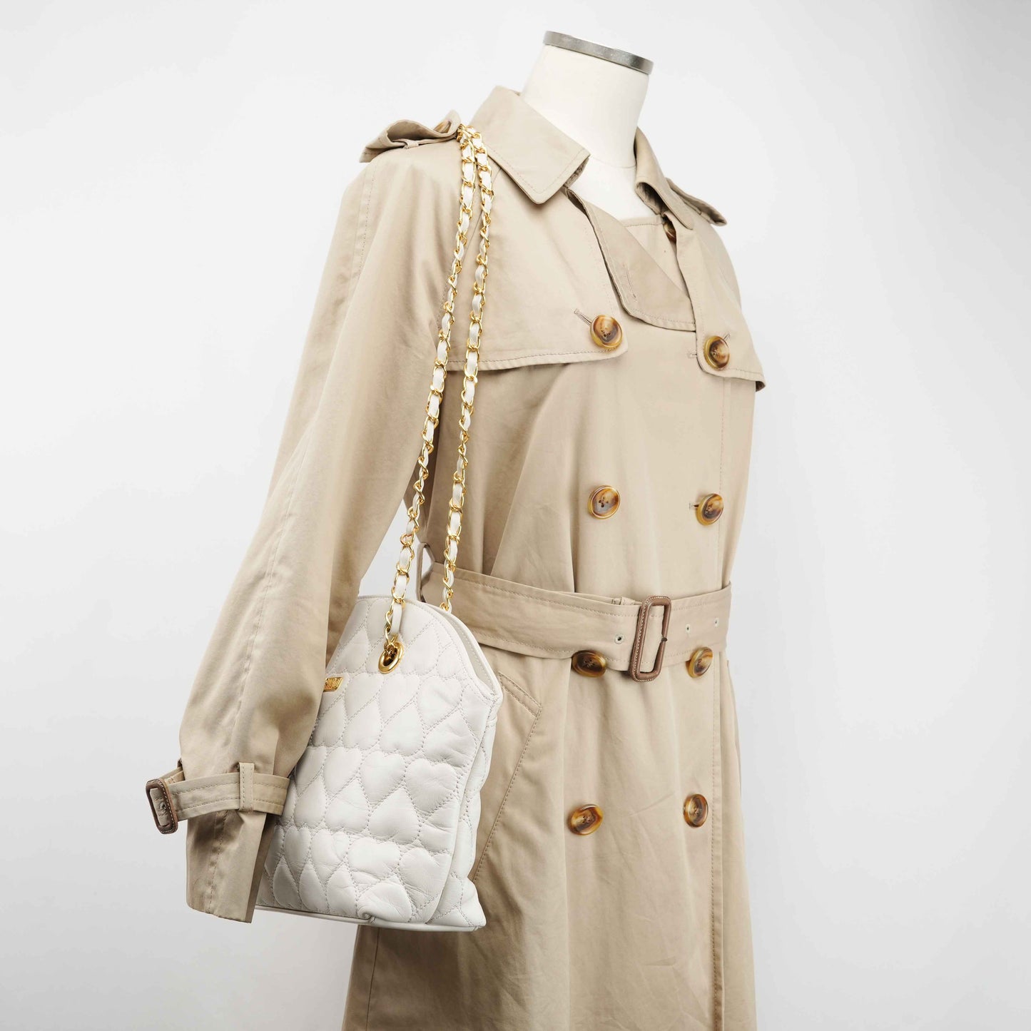 Authentic MOSCHINO - White Quilted Leather Shoulder Bag with Chain Strap