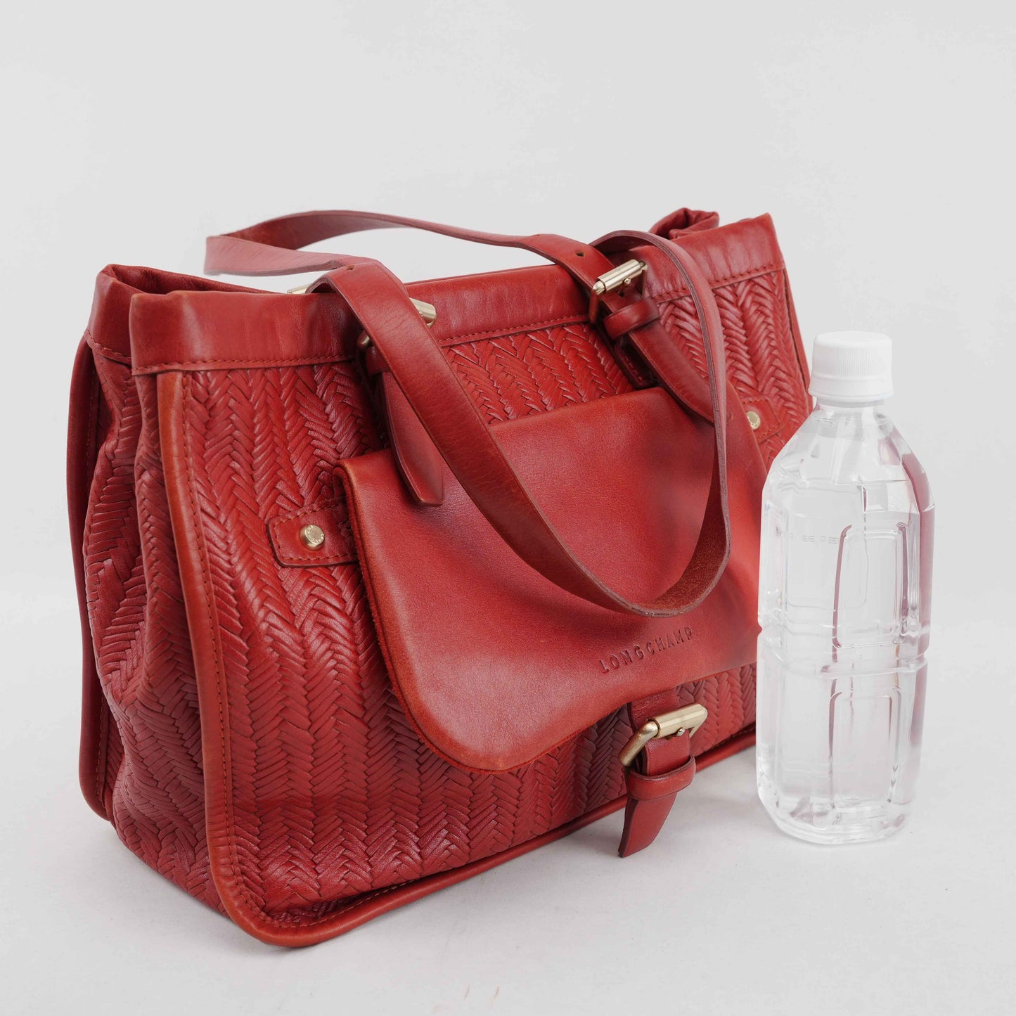 Authentic Longchamp Red Woven Leather Tote Bag