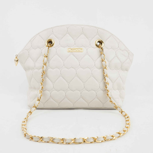 Authentic MOSCHINO - White Quilted Leather Shoulder Bag with Chain Strap