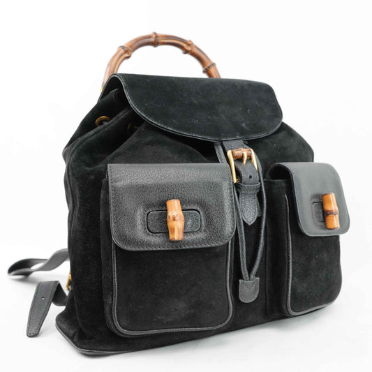Gucci Vintage Bamboo/Leather & Suede Backpack in Black