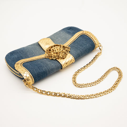 Roberto Cavalli Denim Snake Skin Embossed Clutch Shoulder Bag