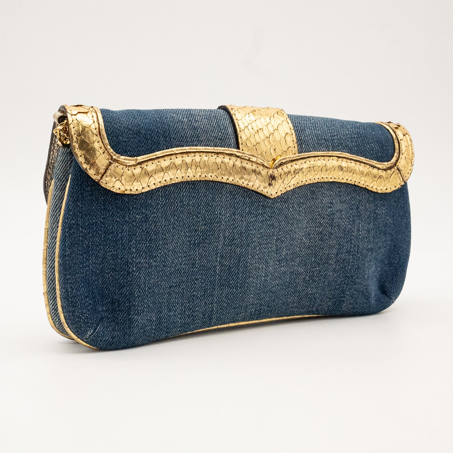 Roberto Cavalli Denim Snake Skin Embossed Clutch Shoulder Bag