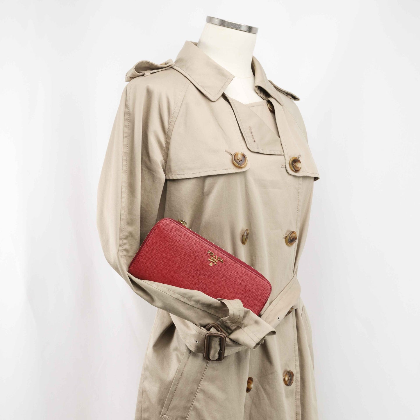 Prada Saffiano Leather Zip Around Wallet - Red with Heart Print Interior