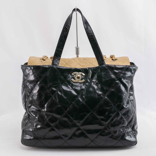 Authentic Chanel Black/Beige Quilted Glazed Leather Portobello Tote
