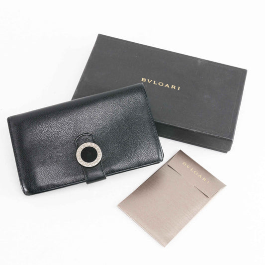 Bvalgari Black Leather Bi-fold Continental Wallet