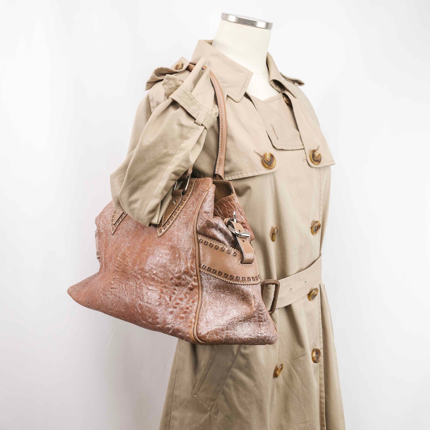 Authentic Fendi Metallic Beige Leather Etniko Satchel