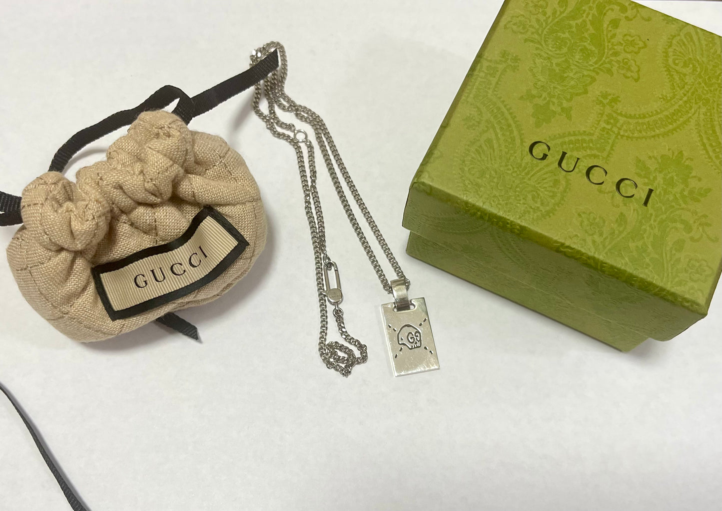 Gucci Polished Silver Ghost Dog Tag Pendant Necklace