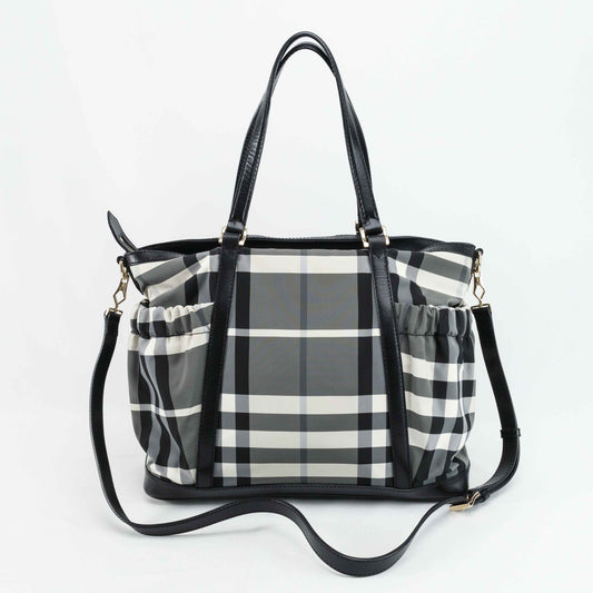 Burberry Black & White Nylon Check Drawstring Tote Bag