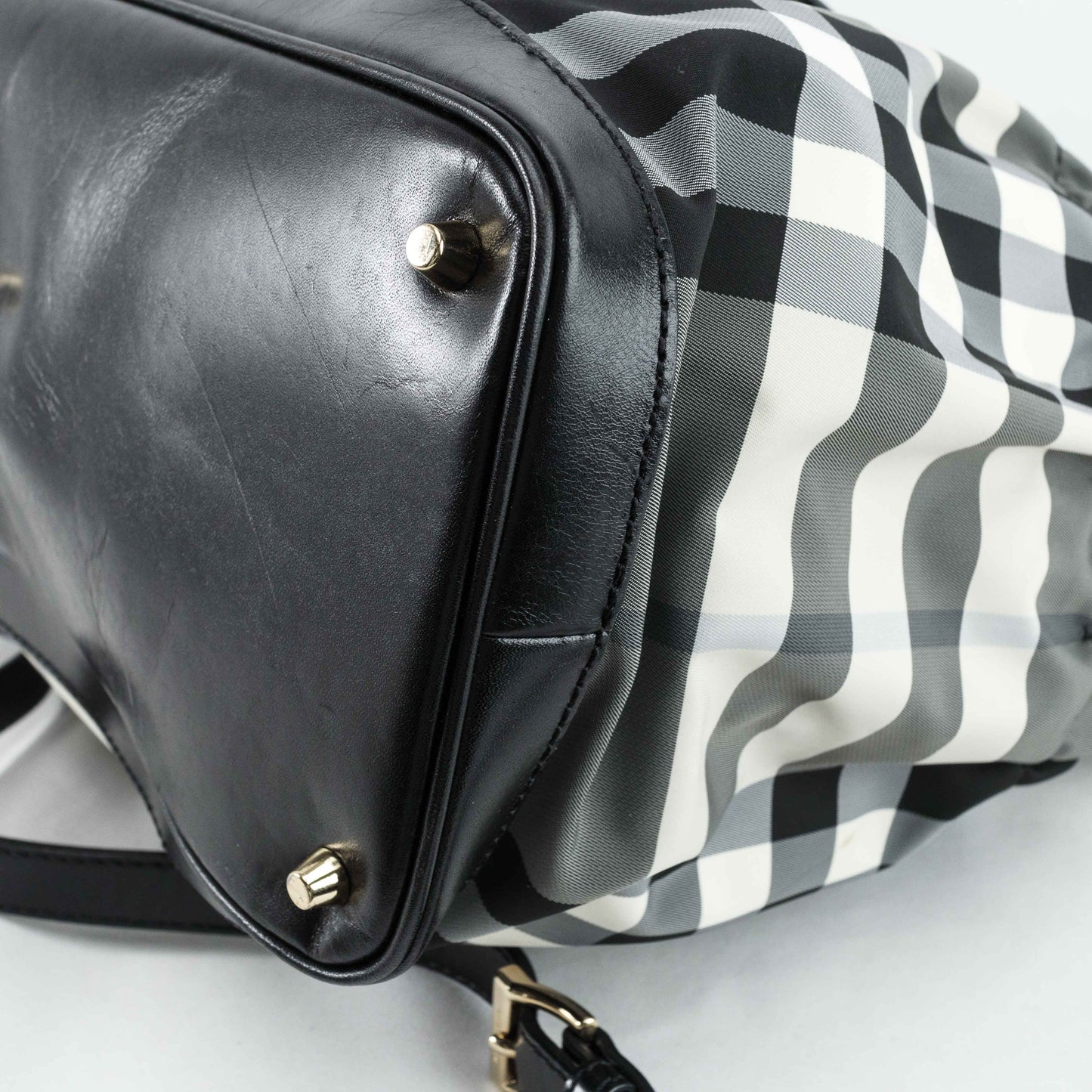 Burberry Black & White Nylon Check Drawstring Tote Bag