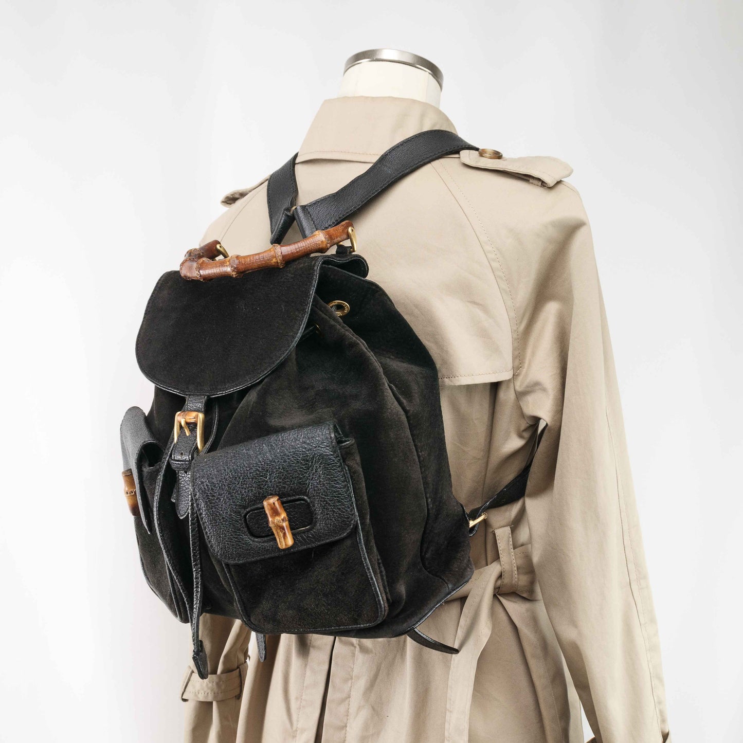 Authentic Gucci Black Suede Backpack Bamboo Handle