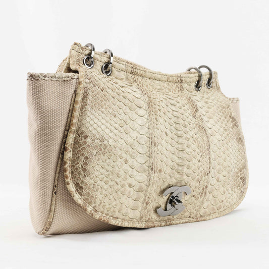 Chanel - Chanel Cream Python and Canvas CC Flap Hobo - Shoulder Bag