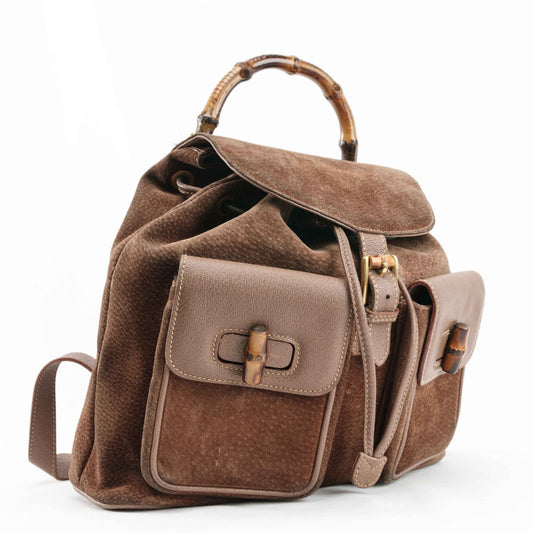 Gucci Brown Suede Bamboo Handle Backpack