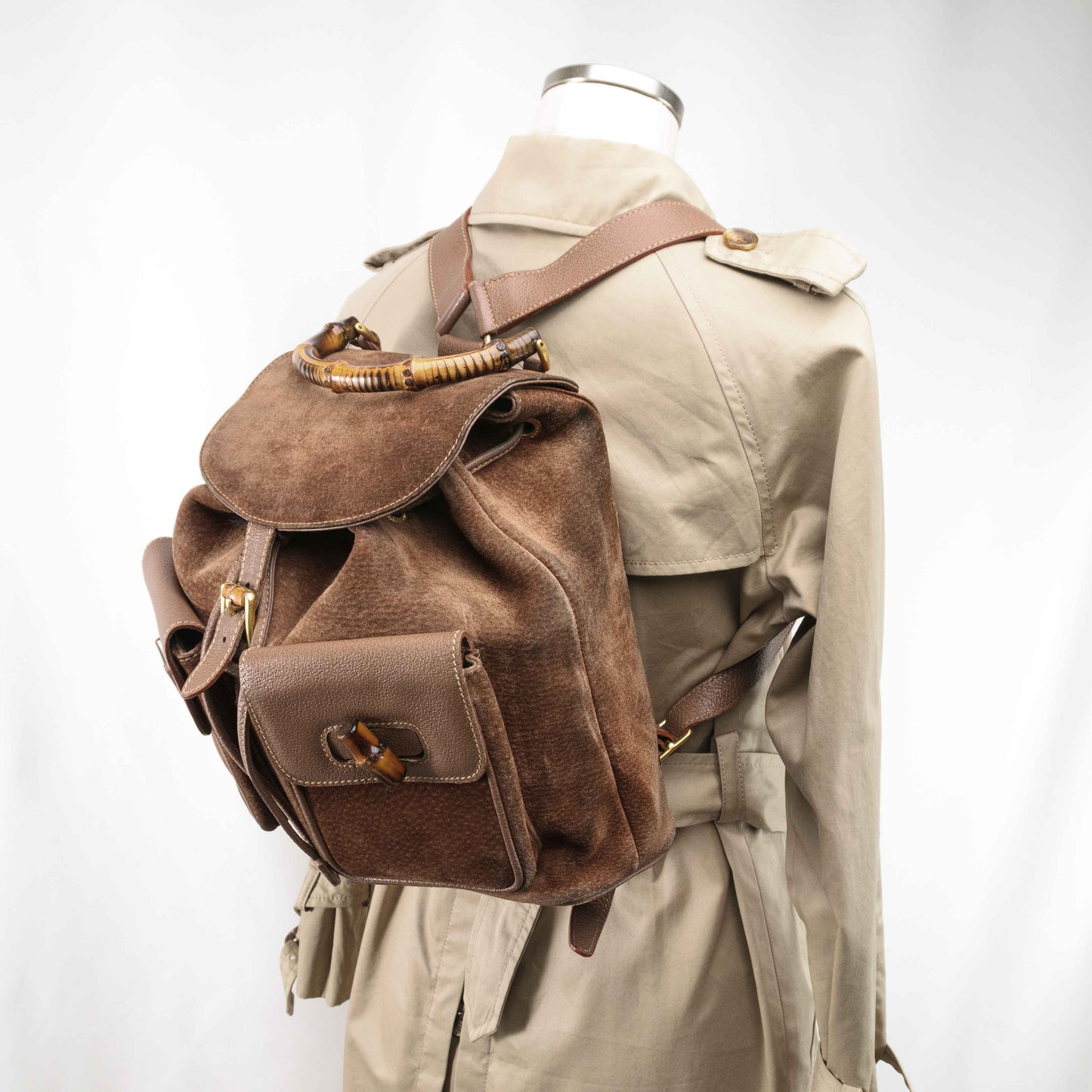 Gucci Brown Suede Bamboo Handle Backpack