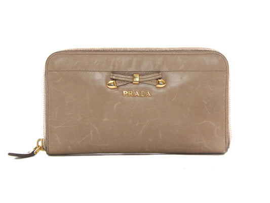 Authentic Prada Vitello Shine Tan Leather zip around wallet