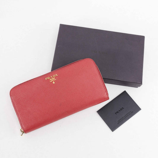 Prada Saffiano Leather Zip Around Wallet - Red with Heart Print Interior
