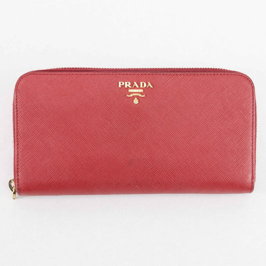 Prada Saffiano Leather Zip Around Wallet - Red with Heart Print Interior