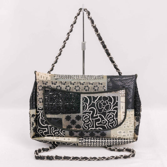 Authentic CHANEL PVC Tweed Patchwork Jumbo Single Flap Black