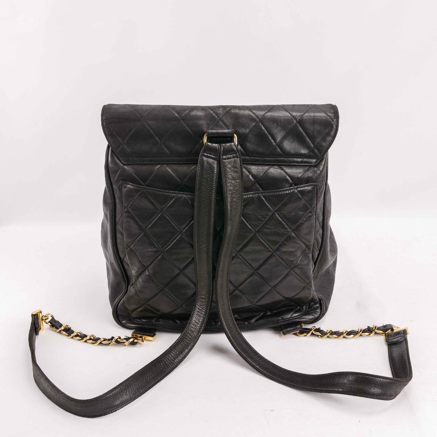 Authentic CHANEL  Lambskin Quilted Tassel Drawstring Backpack Black