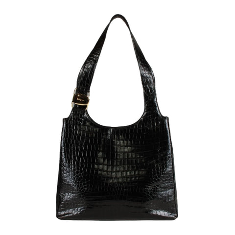 Authentic Salvatore Ferragamo black croc embossed two way bag