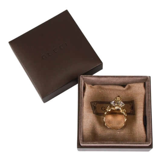 Authentic Gucci Lion Head Motif Crystal Ring In Gold