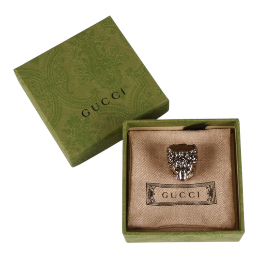Authentic Gucci Lion Head Motif Crystal Ring In Silver