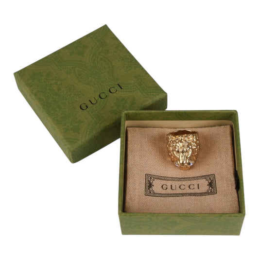 Gucci Lion Head Motif Crystal Ring In Gold