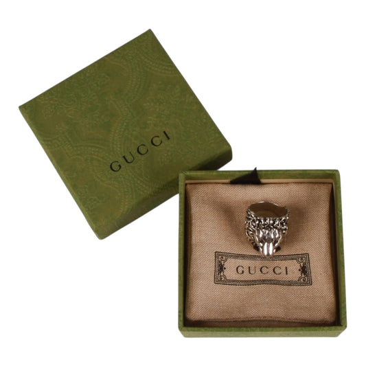 Gucci Lion Head Motif Crystal Ring In Silver & Black