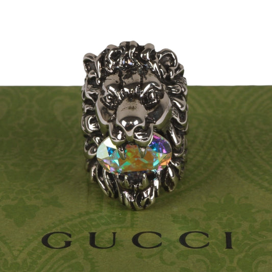 Authentic Gucci Lion Head Motif Crystal Ring In Silver