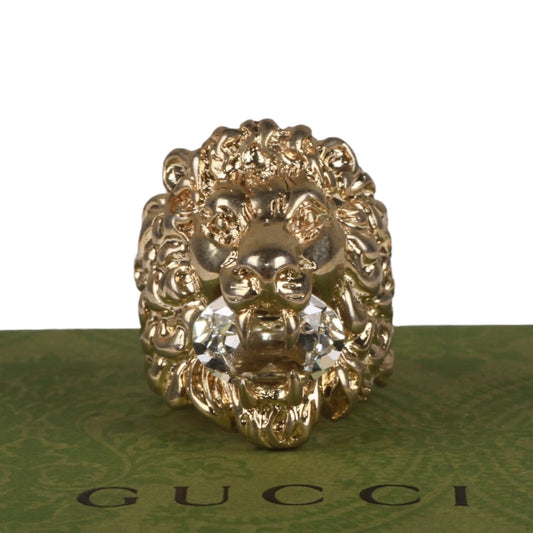 Authentic Gucci Lion Head Motif Crystal Ring In Gold