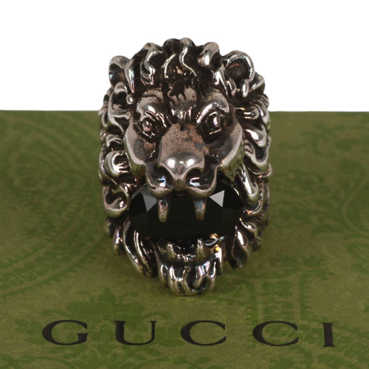 Authentic Gucci Lion Head Motif Crystal Ring In Silver & Black