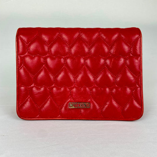 Moschino Heart Quilted Red Leather Chain Shoulder Bag