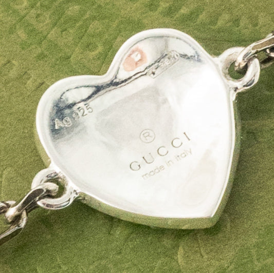 GUCCI 925 Sterling Silver Rolo Chain Bracelet w/ Red Enamel Heart