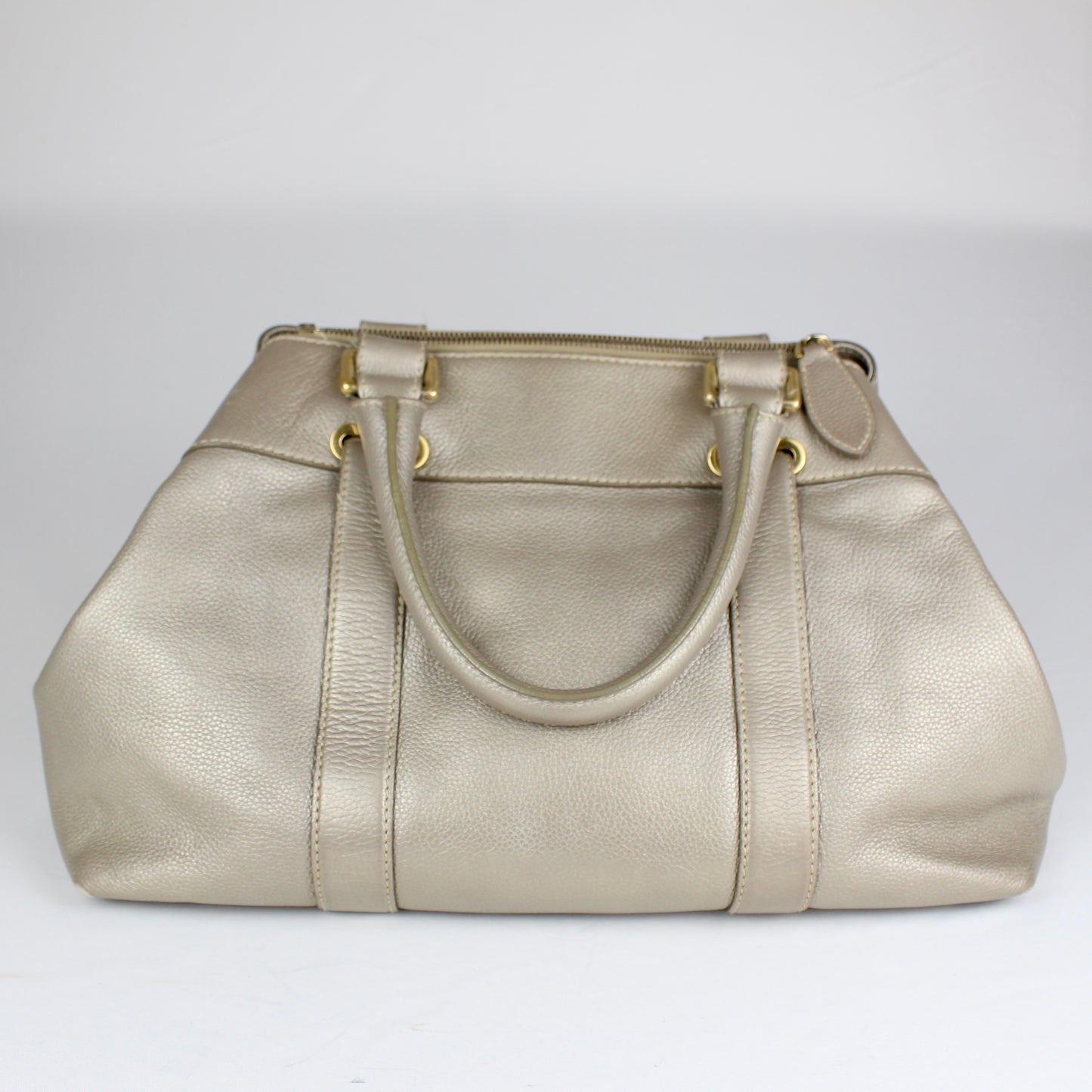 Authentic Pale Gold Textured Leather Satchel with Logo Charm