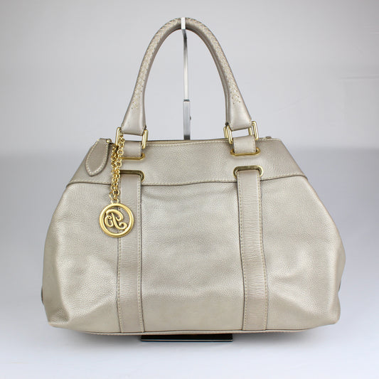 Authentic Pale Gold Textured Leather Satchel with Logo Charm