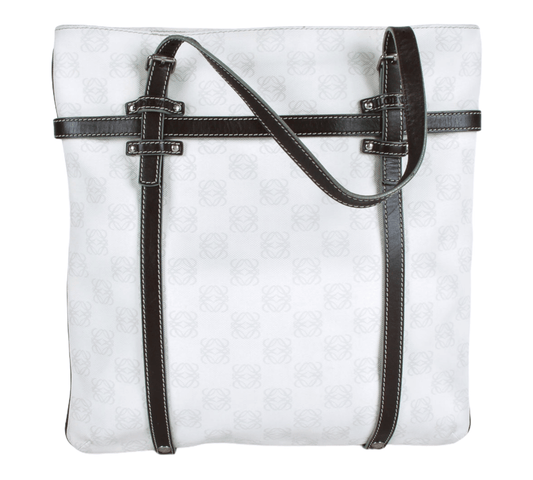 Authentic Loewe Tote Bag Anagram White PVC Brown Leather