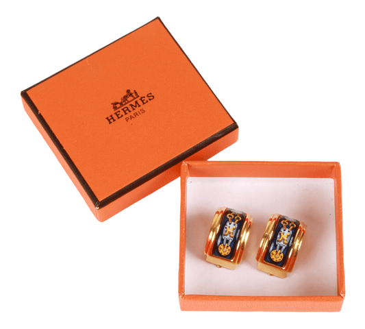 Authentic Hermès Gold tone & enamel horizontal pennant clip on earring