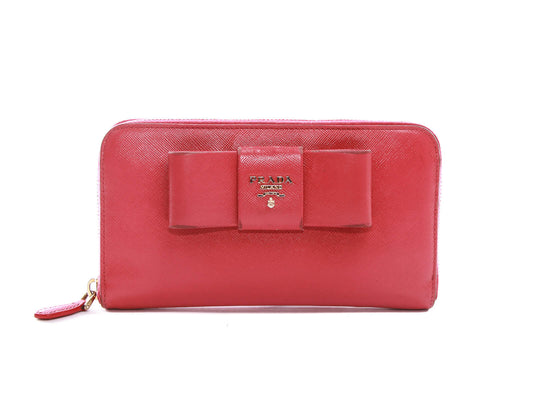 Authentic Prada Saffiano pink leather ribbon zip around wallet