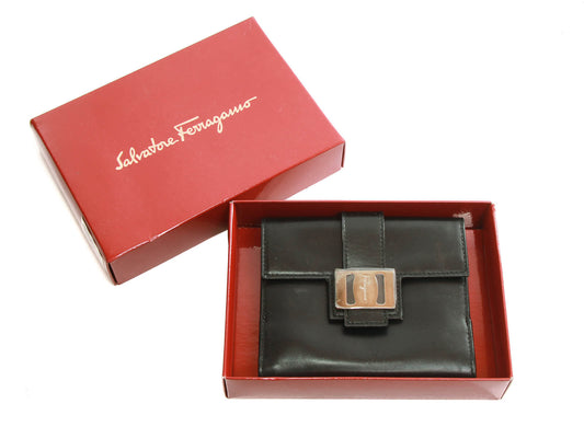 Authentic Salvatore Ferragamo Black leather bi-fold long wallet
