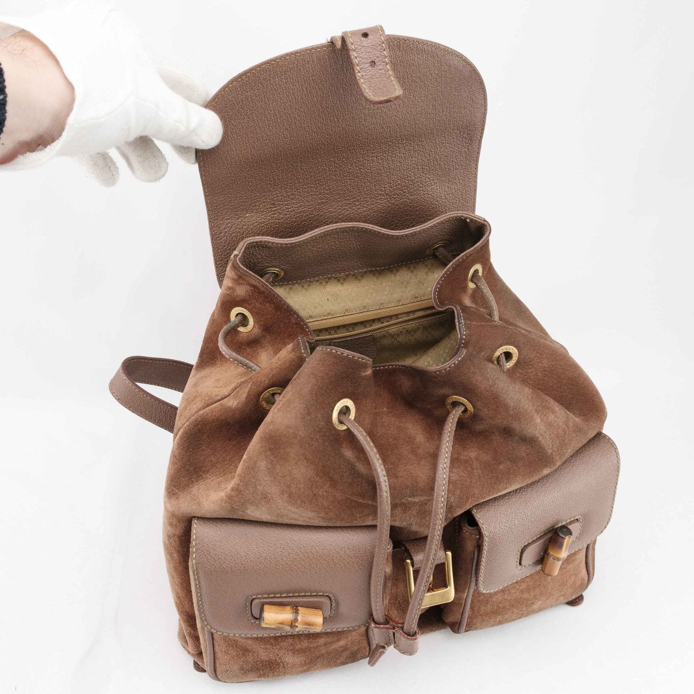 Gucci Suede Bamboo Handle Backpack